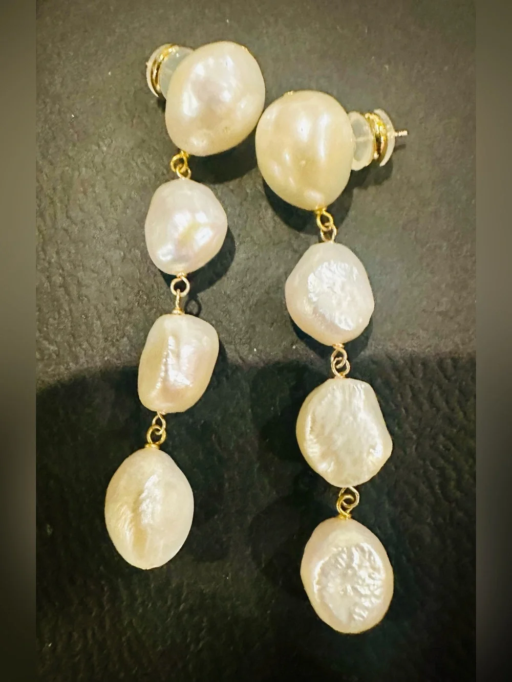 New Long Large 10K Gold Earrings Long dangly natural pearl solid gold earrings